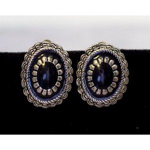 Vintage Silver Tone Black Oval Edwardian Clip On Earrings - CF1